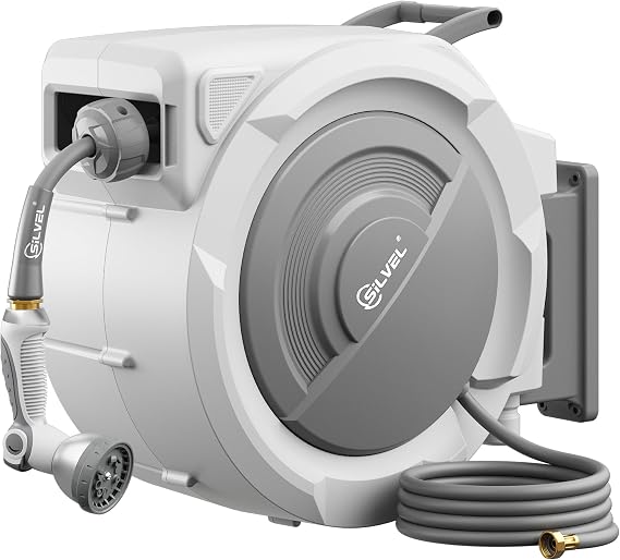 SILVEL Retractable Garden Hose Reel 5/8 in x 75FT Heavy Duty Automatic Hose Reel Wall Mounted, Upgraded UV Resistant with 10 Pattern Nozzle, Any Length Lock & Slow Return System, 180Swivel Bracket