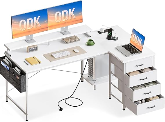 ODK L Shaped Computer Desk with Drawers & Monitor Stand, 160 x 80 cm, White