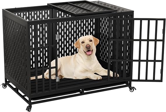 Espsilto Extra Large Dog Crates for Large Dogs, Indestructible Dog Crate Heavy Duty Dog kennel with Sturdy Door Locks, Removable Trays and Lockable Wheels, 48'' Dog Crate