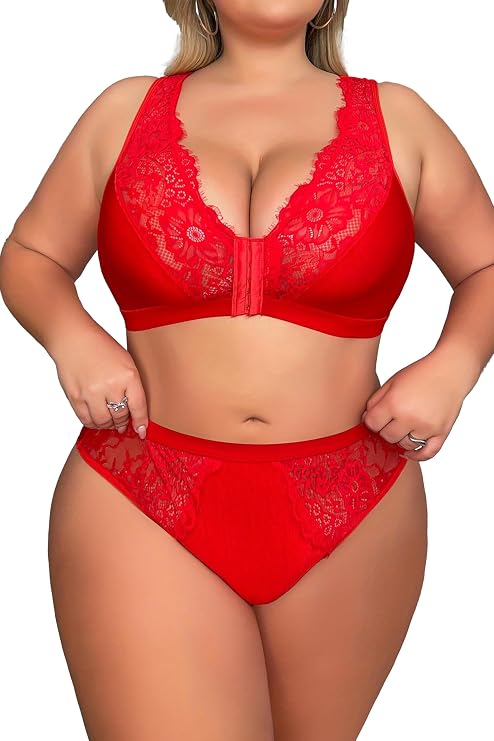 Women's Plus Size 2 Piece Lingerie Set Sexy Sheer Wireless Bra Panty