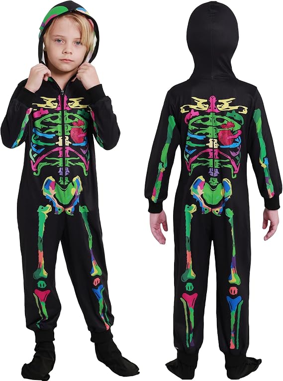 Kids Halloween Skeleton Costume Hooded Jumpsuit, 3-12 Years | Unisex Boys Girls Zip Up Long Sleeve Cosplay Outfit with Fun Skull Print, Soft Breathable, Great for Holiday & Party Dress Up