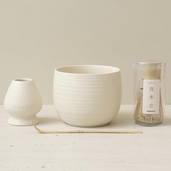 Matcha Whisk Set, Ceramic Matcha Bowl & Whisk Holder, Bamboo Accessory, Modern Design (Matte Creme, Traditional Bowl Design)