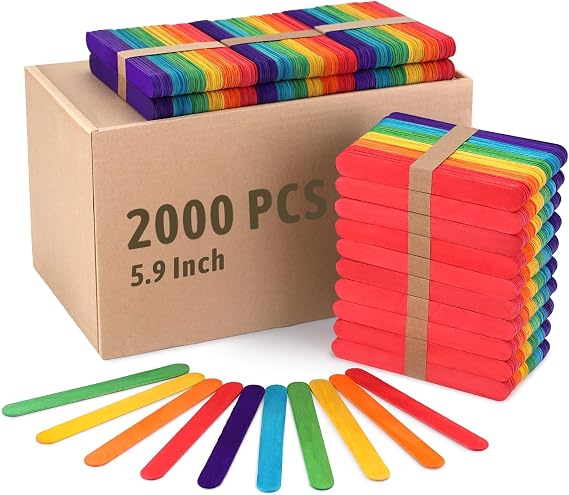 WISYOK 2000Pcs 6 Inch Jumbo Craft Sticks, Rainbow Color | Wooden Popsicle Sticks, Ideal for DIY Creative Designs, Children Education, Classroom Activities