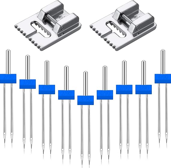 15 Pieces Sewing Machine Twin Needle Double Stretch Twin Needle Pins with 2 Pieces 9 Groove Pintuck Presser Foot for Household Sewing Machine Accessories, 3 Sizes Mixed 2.0/90, 3.0/90, 4.0/90