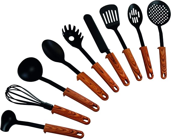 STONELINE Back To Nature 17898 9-Piece Kitchen Utensil Set with Practical Support, Wood Effect Plastic Handles, 35.5 x 15.5 x 10.5 cm, Black