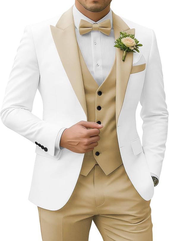 Men's 3 Piece Suits Slim Fit | Peak Lapel 2 Button Blazer Jacket Vest and Pants Set Wedding Business Prom Party Suit