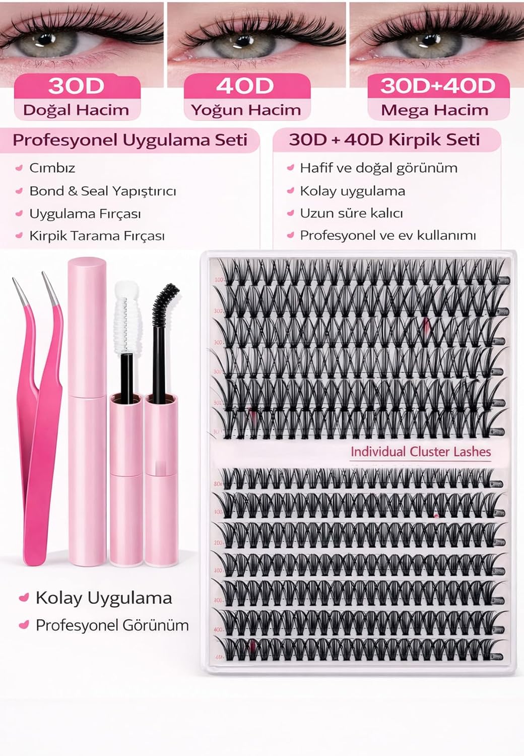 İpek Kirpik Seti, Karışık Demet Kirpikler, Bond & Seal Yapıştırıcı, Cımbız ve Fırça Dahil Profesyonel Uygulama Kiti