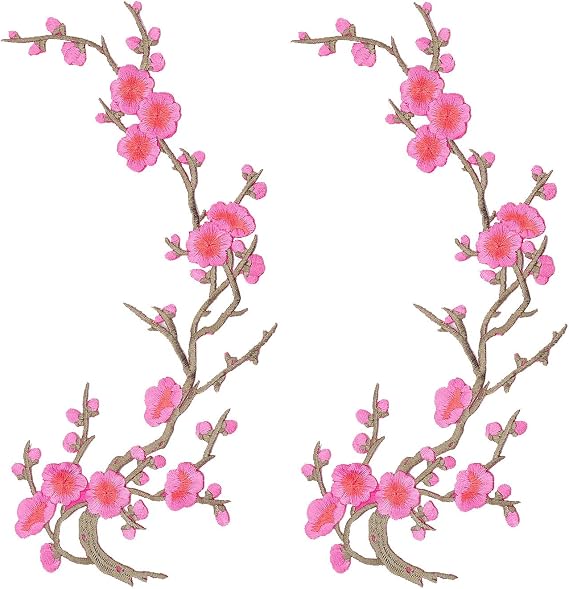 2 PCS Pink Vintage Plum Blossom Embroidered Applique, Iron on Sew on Flower Decoration Patches, Sew on Floral Appliques Embellishments for Dresses DIY Repair Deco