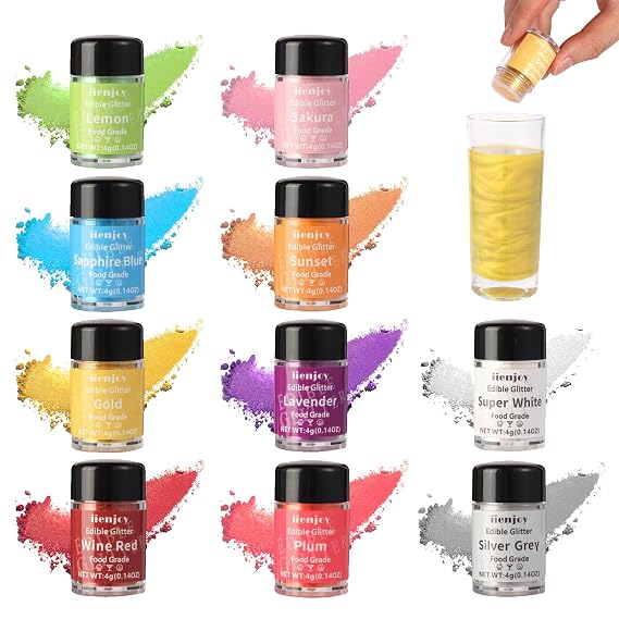 iienjoy Edible Glitter, 10 Colors Luster Dust Set for Drinks, Cakes | Edible Shimmer Dust for Cookies, Cocktail Chocolate, Cupcakes Decorating & Baking, Tasteless, Perfect for Party Decoration