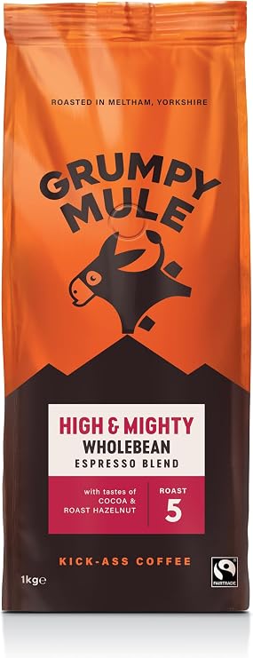 Grumpy Mule High and Mighty Espresso Blend Whole Coffee Beans with Notes of Cocoa and Roast Hazelnut 1kg