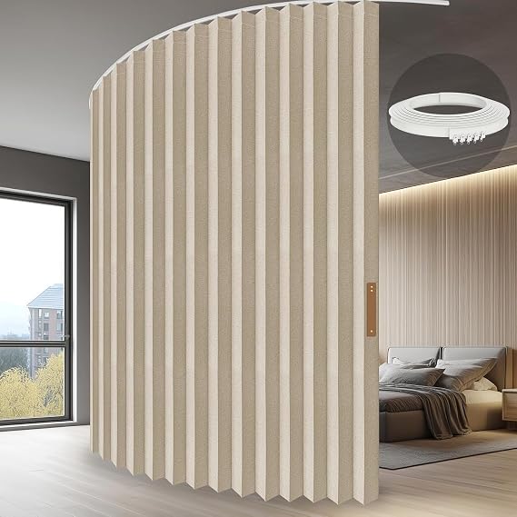 JILRON Room Divider Curtain with Rails 100% Full Protection - Unique Accordion Design Clean Look for Bedroom Storage Room (Cream-H213 x W254 cm) Pack of 1