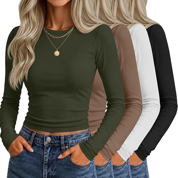 Ficerd 4 Pack Women's Long Sleeve Crop Tops Fitted Shirts