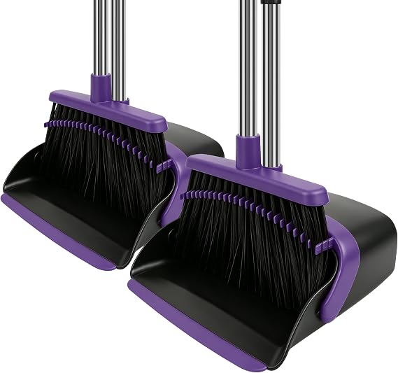 Purple Broom and Dustpan Set 2 Pack, Long Handle Floor Cleaning