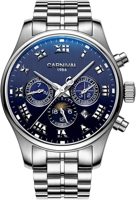 Carnival Men's Multifunction Sapphire Silver Stainless Steel Waterproof Automatic Week Luminous Roman Blue Watches