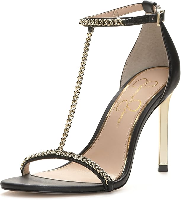 Jessica Simpson Womens Qiven T-Strap High Heel Sandal with Chain Detail