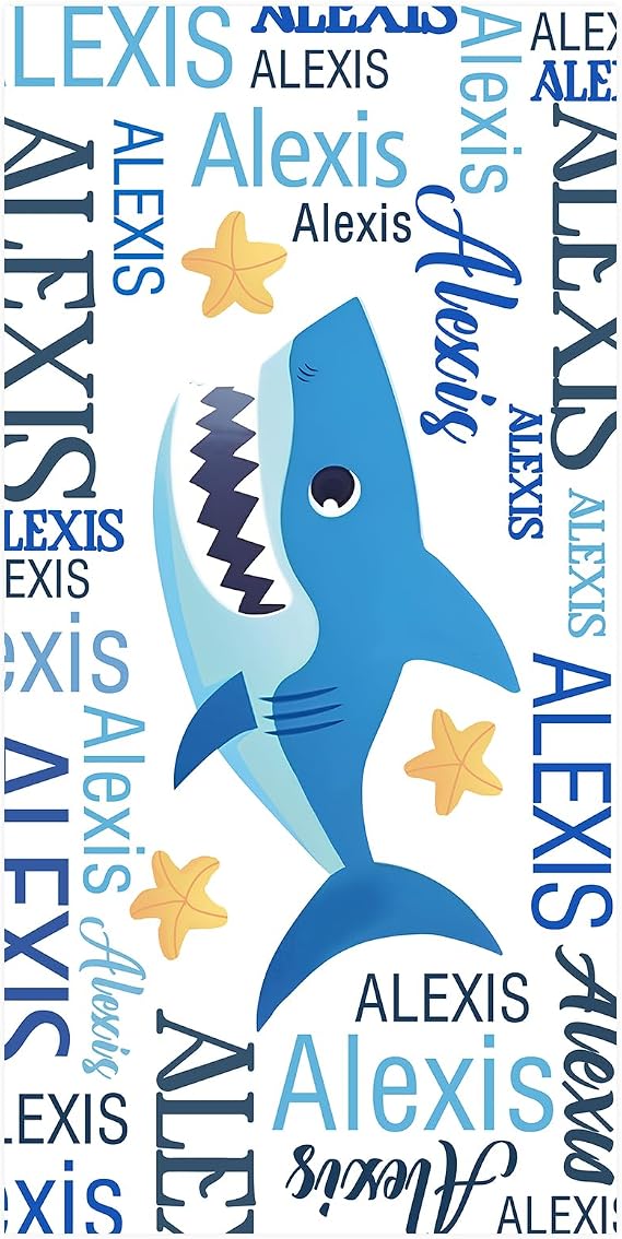 Hoomall Personalized Beach Towels for Boys Custom Blue Shark Bath Towel with Names Absorbent Quick Dry Kids Beach Towel Soft Towel Personalized Gift for Girl Boy Family Members Friends | Blue Shark Beach Towel, Microfiber Quick-Dry Kids Bath Towels, Personalized Beach Towels for Boys Girls