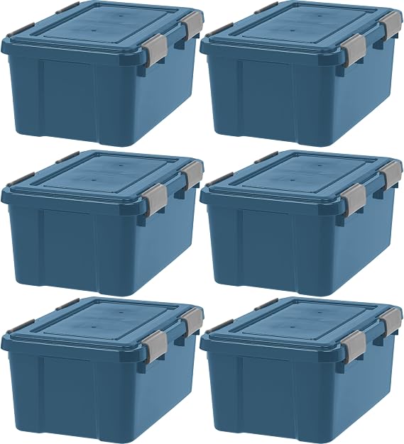 IRIS USA 6-Pack 19 Qt Storage Bins with Gasket Lids, Navy | WeatherPro seal protects shoes, crafts, documents and supplies from dust and moisture