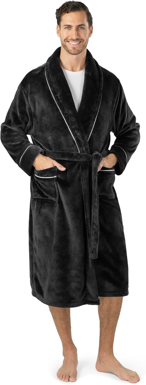 PAVILIA Soft Robe, Plush Warm Bathrobe for Men, Long Spa Bath Robe with Piping