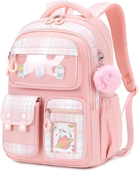 Girls School Backpack, Cute Kawaii Kids Rucksack for Primary School Students, Water Resistant Bookbag with Cartoon Pins & Pom Pom, Travel Bag with Luggage Strap