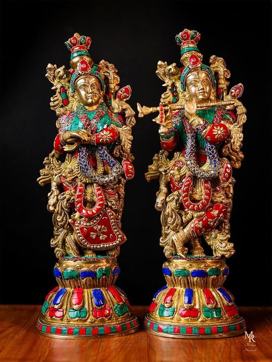Radha Krishna Statue Brass, 51 CM Radha Krishna Idols for Home Temple, Goddess Radha Lord Krishna Hindu Divine Couple, RadheKrishna Figurine | Brass Radha Krishna with Stone Work jugal godi