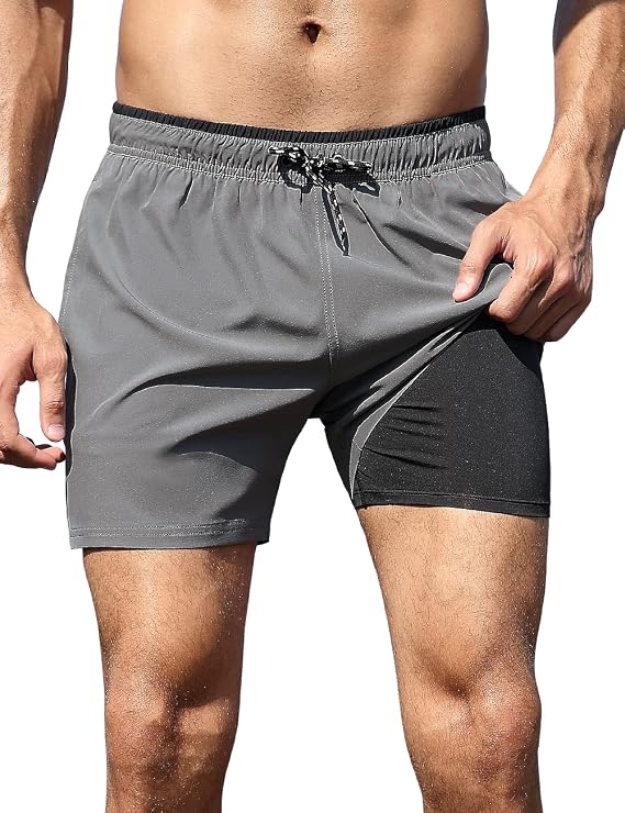unitop Mens Swim Trunks with Compression Liner 5 Inch Inseam Surfing Board Shorts with Zipped Pockets
