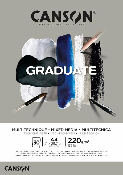 CANSON Graduate Mixed Media 200gsm A4 Paper, Double Sided: Grained And Smooth, Pad Glued Short Side, 30 Grey Sheets, Ideal for Student Artists