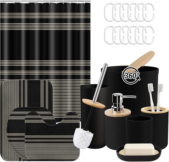 Black Bathroom Decor and Accessories Set, Striped Shower Curtain and Rug Set with Trash Can, Soap Dispenser, Soap Dish, Toothbrush Holder, Toothbrush Cup, Toilet Brush