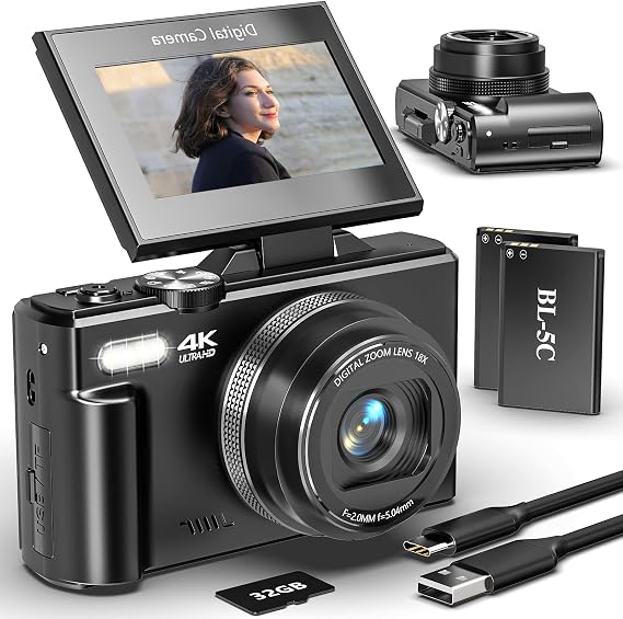 Fotoğraf ve Vlog için Dijital Kamera, 3 inç 180 ° Flip Ekranlı 4K Otomatik Odaklama YouTube Kamera, WiFi, 18X Zoom, Flaş, 2 Pil ve 32GB SD Kart