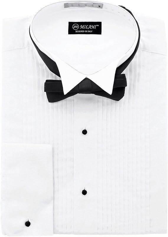 Milani Men's Tuxedo Shirt with French Cuffs and Bow Tie 16", 32/33 White