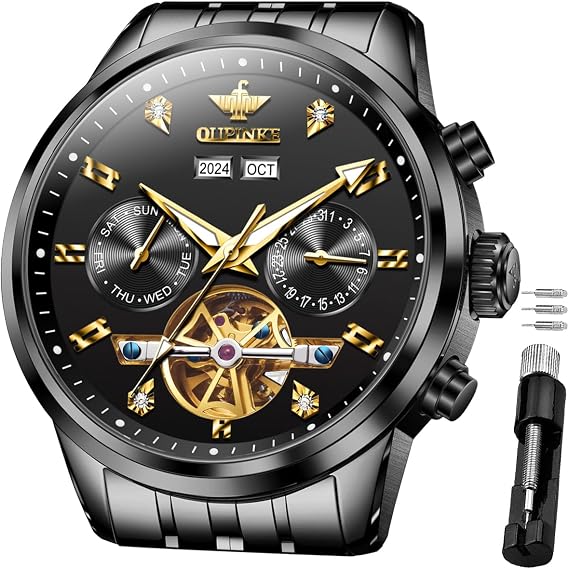 OUPINKE Mens Watches Automatic Luxury Big Dial Mechanical Stainless Steel Mens Watches Waterproof Calendar Watches for Men, 3248: All Black, Luxury