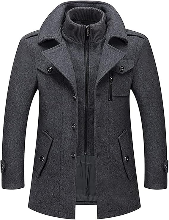 Jacket Men's Gentle Collar Single Breasted Quilted Lined Wool Blend Pea Coats Winter Coat Woolen Trench Coat Casual Business Jacket ,M-4XL(Gray,Large)