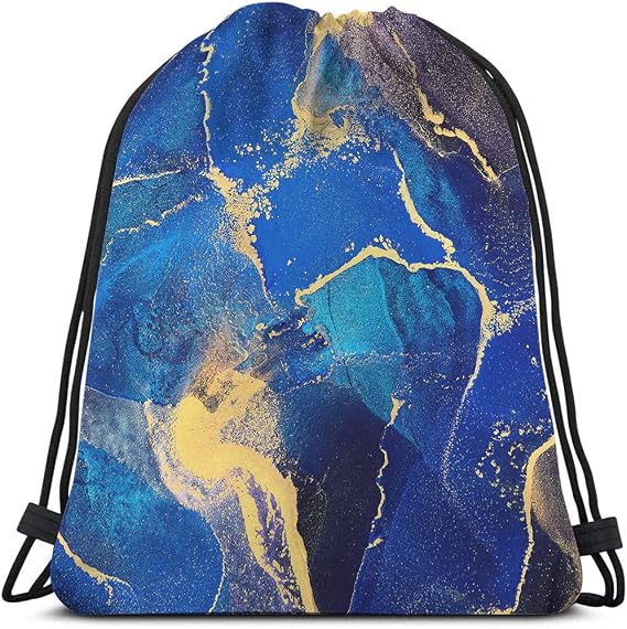 Abstract Art Drawstring Bags Backpack Bag Marble Dye Color Blue Golden Art Painting Brush Acrylic Artwork Sport Gym Sack Drawstring Bag String Bag Yoga Bag for Men Women