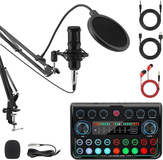 Podcast Equipment Bundle, Audio Interface with Sound Card & Voice Changer, DJ Mixer Streaming Microphone Kit for Recording, Singing, Gaming – Compatible with PC, Mac, Smartphone
