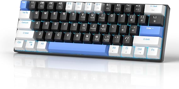 MageGee 60% Mechanical Gaming Keyboard, STAR 61 Compact Blue LED Backlit Wired Keyboards with Hot-Swappable Red Switch, Portable Full Keys Anti-ghosting Gaming Keyboard - White & Black