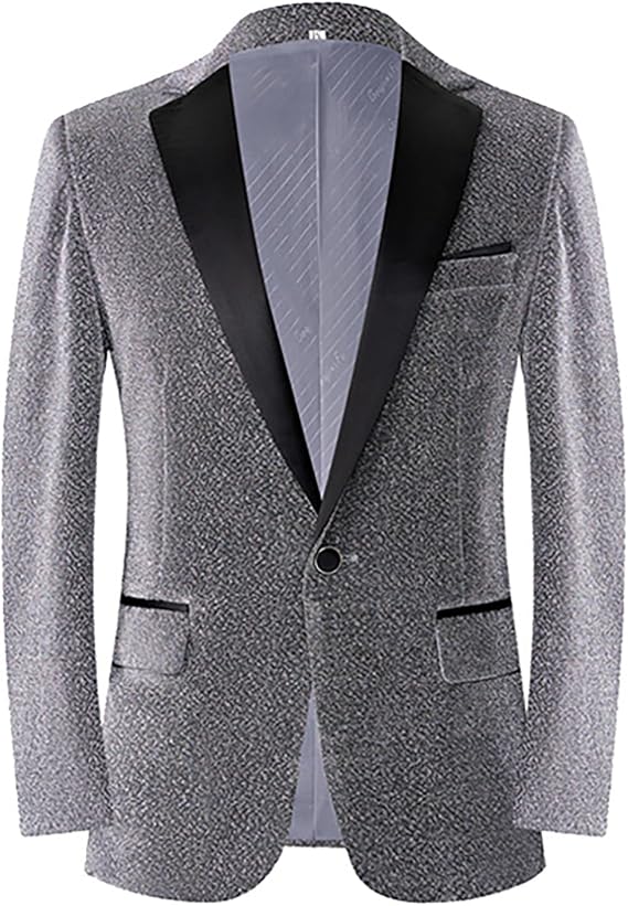 Men Suit Fashion Blazer Jacket&Bow Shiny Stage Host Notch Lapel Party Wedding Prom Showman Grey
