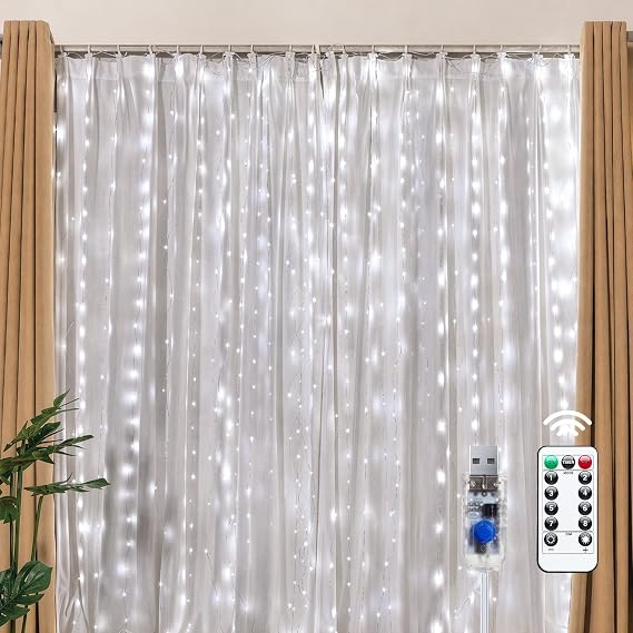Brightown 300 LED White Fairy Curtain Lights, 9.8ft x 9.8ft String Lights | Winter Wonderland Decorations USB Plug in 8 Lighting Modes Christmas Hanging Lights with Remote for Bedroom Indoor Outdoor