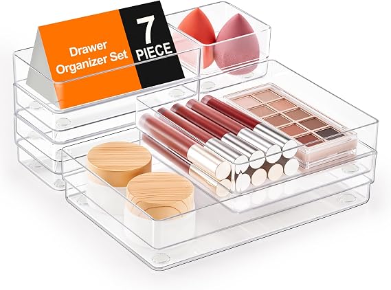 SMARTAKE Kaymaz Silikon Pedli 7 Parçalı Çekmece Düzenleyici, 4 Boyutlu Masa Çekmecesi Düzenleyici Tepsileri Makyaj, Takı, Yatak Odası Şifonyeri, Ofis ve Mutfak Gereçleri için Saklama Tepsisi (Şeffaf)