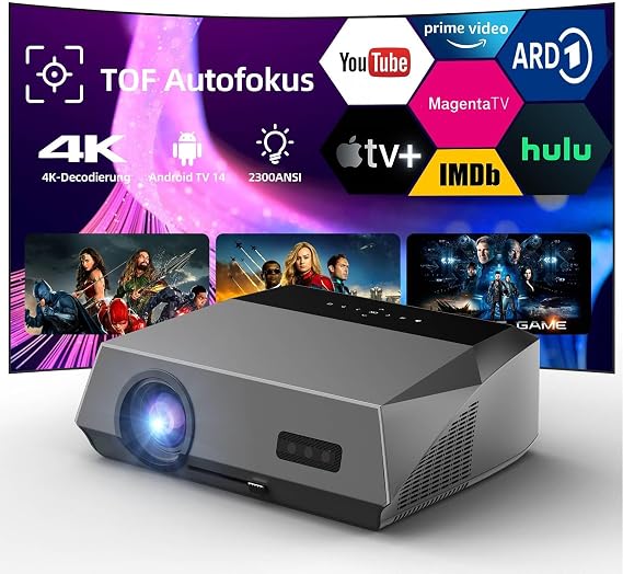 Smart Beamer 4K Google TV Wlan Bluetooth mit Dolby Audio HDMI ARC 2.1 2300ANSI HDR10 MEMC Ultra HD LED Tageslicht Projektor Heimkino Gaming Indoor DeckeAndroid Projector Wifi Zoom Autofokus USB