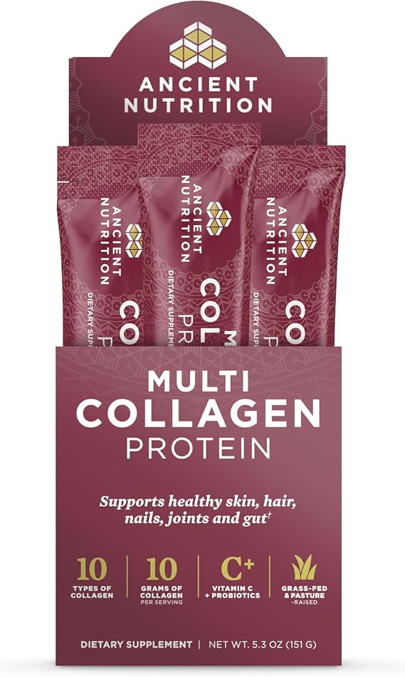 Ancient Nutrition Hydrolyzed Multi Collagen Peptides Powder, Unflavored | Women & Men, Vitamin C, Probiotics, Grass-Fed Hydrolyzed Collagen, Supports Skin, Hair, Nails, Joints, Gut Health, 15 Packets