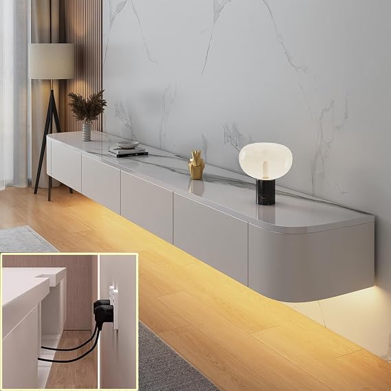 TV Media Console Floating TV Cabinet Wall Mounted TV Cabinet Multi Large Storage TV Bench Under TV Lowboard with drawers Router Bracket (White rock+LED, 300 * 20 * 24CM)