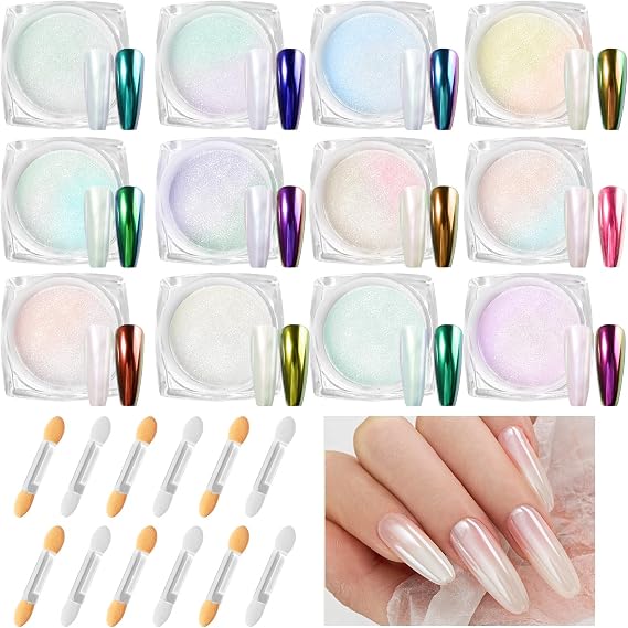 12 Boxes Pearl Chrome Nail Powder With 12 Brushes | High Gloss White Pearlescent Chrome Powder, Glazed Donut Clear Moonlight Effect Mermaid Nail Powder For Nails Diy Salon