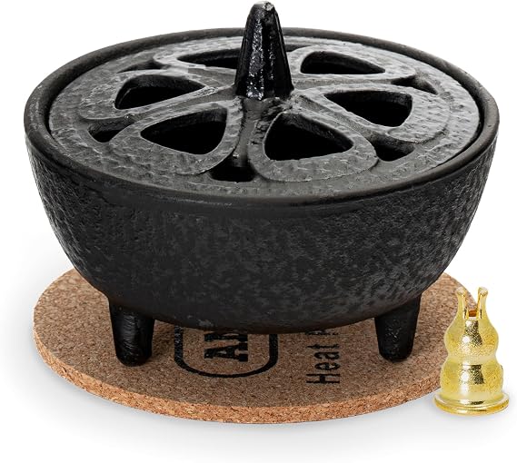 Anbar Lotus Flower Incense Burner, Cast Iron Bowl and Lid for Sticks, Cones, Wax Melts, Charcoal and Resin, Traditional Oriental Zen Home Decor,