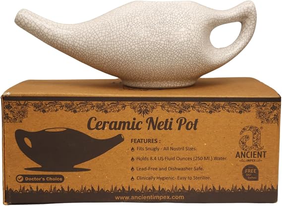 ANCIENT IMPEX Ceramic Neti Pot 250 Ml (Crackle Ivory) with 5 Sachets Neti Salt | Natural Remedy for Sinus Rinse, Congestion & Nasal Hygiene | Ayurvedic Nasal Irrigation Pot