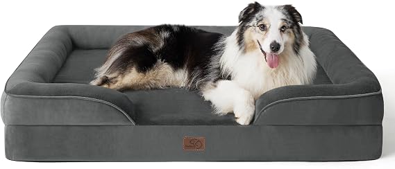 Bedsure XL Large Dog Bed Sofa - Washable Orthopedic Dog Couch, 106x80cm | Waterproof Inner Liner, Removable Flannel Cover, Dog Pillow with U-Shape Bolster, Dark Grey Squre Pet Bed
