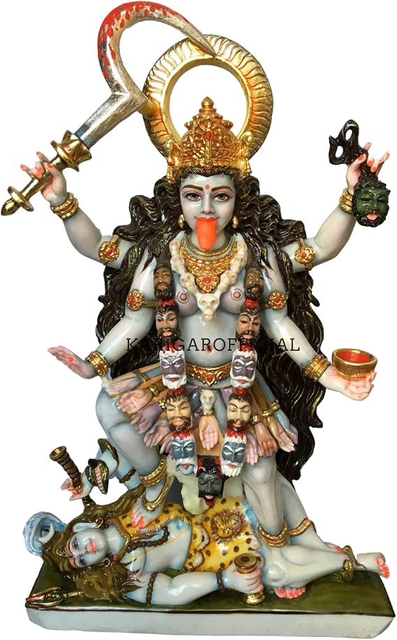 Kali Statue Standing on Shiva - Large 27 inches Mahakali Idol - Hindu Religious Goddess Maa Kali Marble Murti - Indian goddess of death & Karma - Handpainted Skull Woman Empowerment Gifts Sculpture