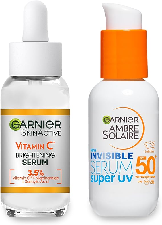 Garnier Daily Glow & Protect Duo for Face: Brightening Vitamin C Serum for Anti-Dark Spots & Ambre Solaire SPF50+ Super UV Invisible Serum Moisturiser (2 X 30ml)