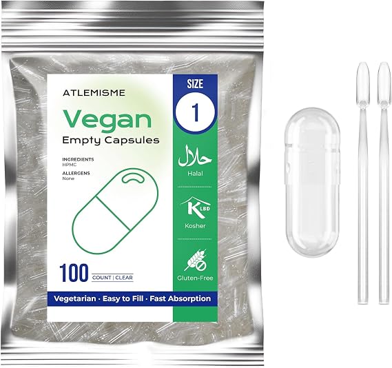Empty Vegan Capsules Size 1 - (100 Count) DIY Vegetable Capsule Filling - Veggie Caps with 2 Micro Lab Spoons for Capsule Filling