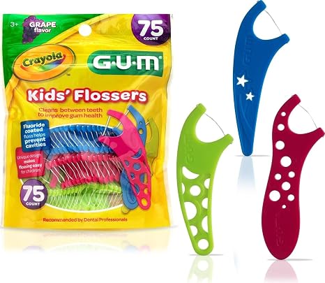 GUM Crayola Kids Floss Pick with Fluoride, Grape Flavor, 75 Count | Designed for Little Hands, Easy-grip handle, Shred-resistant dental floss picks for children ages 3+, 3 fun shapes and colors