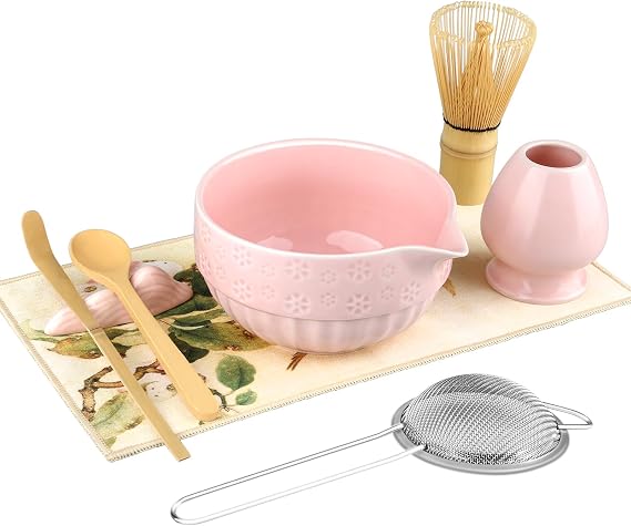 Matcha Whisk Set 8 Pcs Matcha Set with Matcha Bowl, Sifter, Bamboo Whisk (Chasen) and Holder, Scoops and Rest, Tea Towel Tea Making Kit for Traditional & Modern Matcha Drinks (Pink)