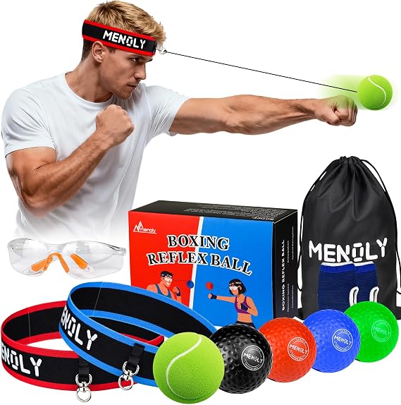 MENOLY 5pcs Boxing Reflex Balls Set, 2 Adjustable Headbands, 1 Pair Goggles and Gloves, Speed Training Equipment for Hand Eye Coordination, Agility, Great Gift for Men, Boxers & Fitness Fans